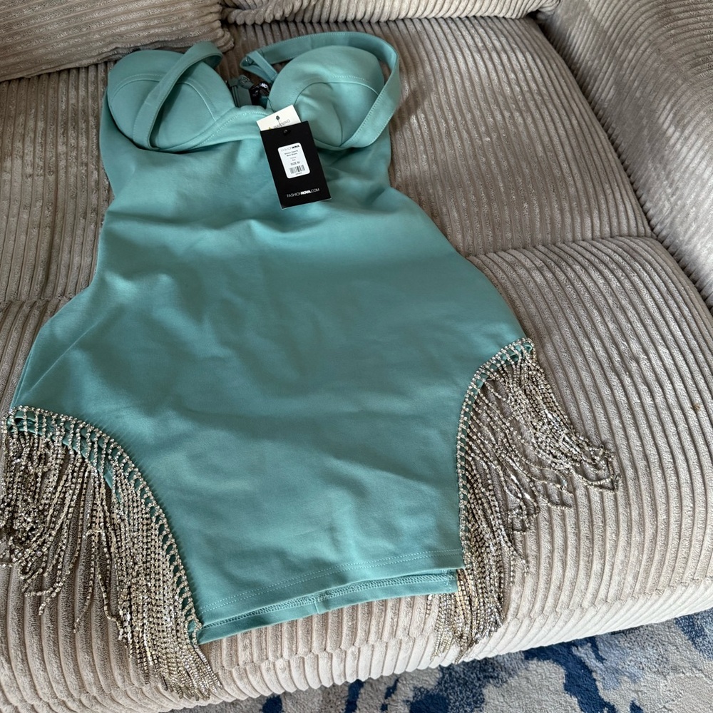 Teal Halter Dress with Silver Fringe